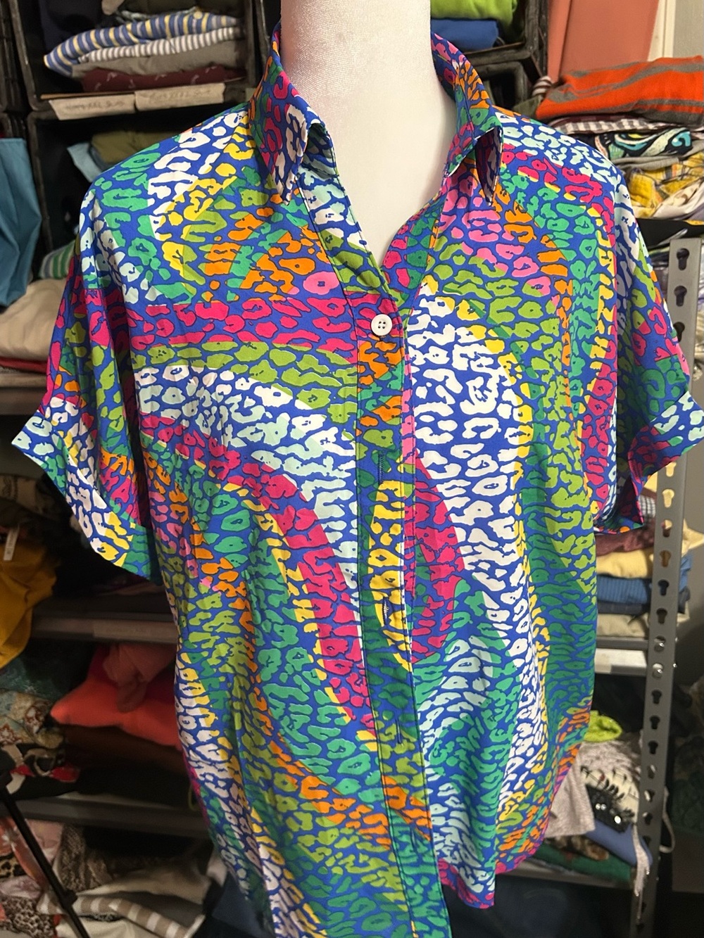 SHEIN Multicolor Abstract Print Short Sleeve Button Front Blouse Size M